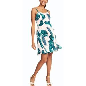 Tropical Cami Dress Adjustable Straps, Smocked Back Fit & Flare, Green & Pink